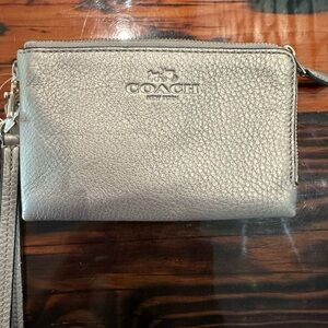 Coach Metallic Taupe Leather Keychain Wristlet